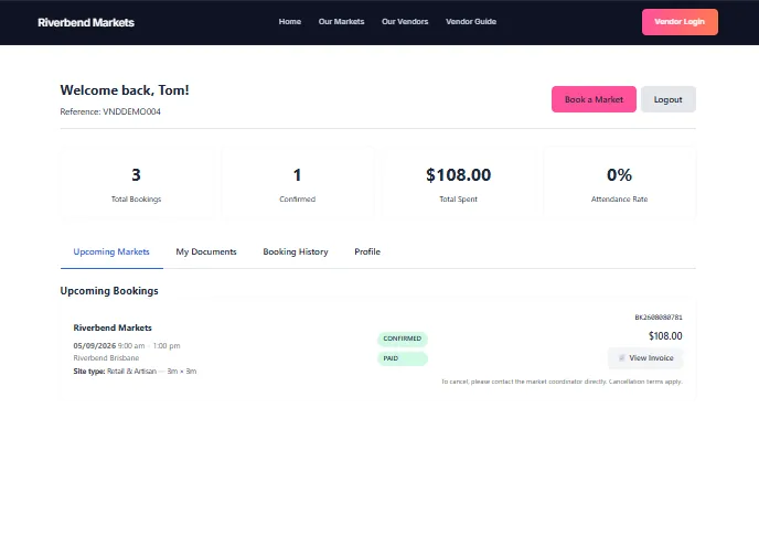 A stall booking shown as confirmed and paid, with its status tag, booking reference and a View Invoice button