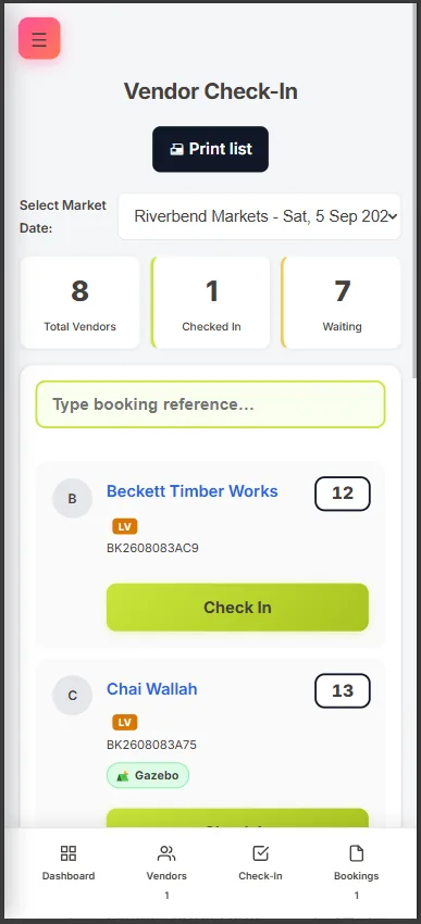 The vendor check-in screen on a phone, showing live counts of total vendors, checked in and waiting, with each vendor listed by site number and a large Check In button