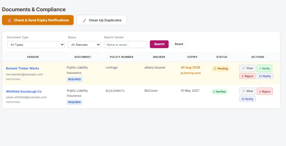 The documents screen listing vendor compliance certificates with their type, policy number, expiry date and verification status, including rows flagged as expiring and expired