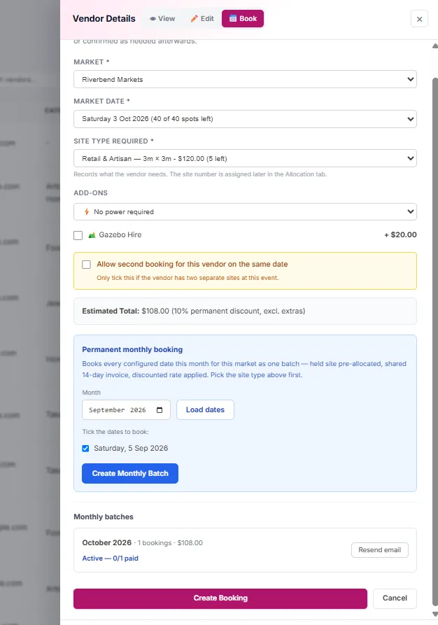 The permanent stallholder monthly booking screen with a month selected and individual dates ticked, ready to create as one linked batch on a single shared invoice