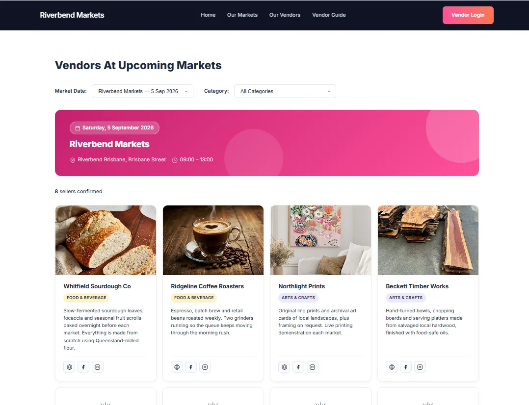 A public vendor directory page for a market date, showing confirmed stallholders as cards with a photo, business name, product category, description and social links