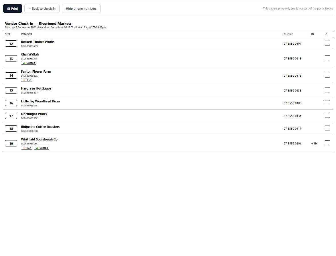 A printable market day run sheet listing every confirmed vendor sorted by site number with tick boxes for arrival